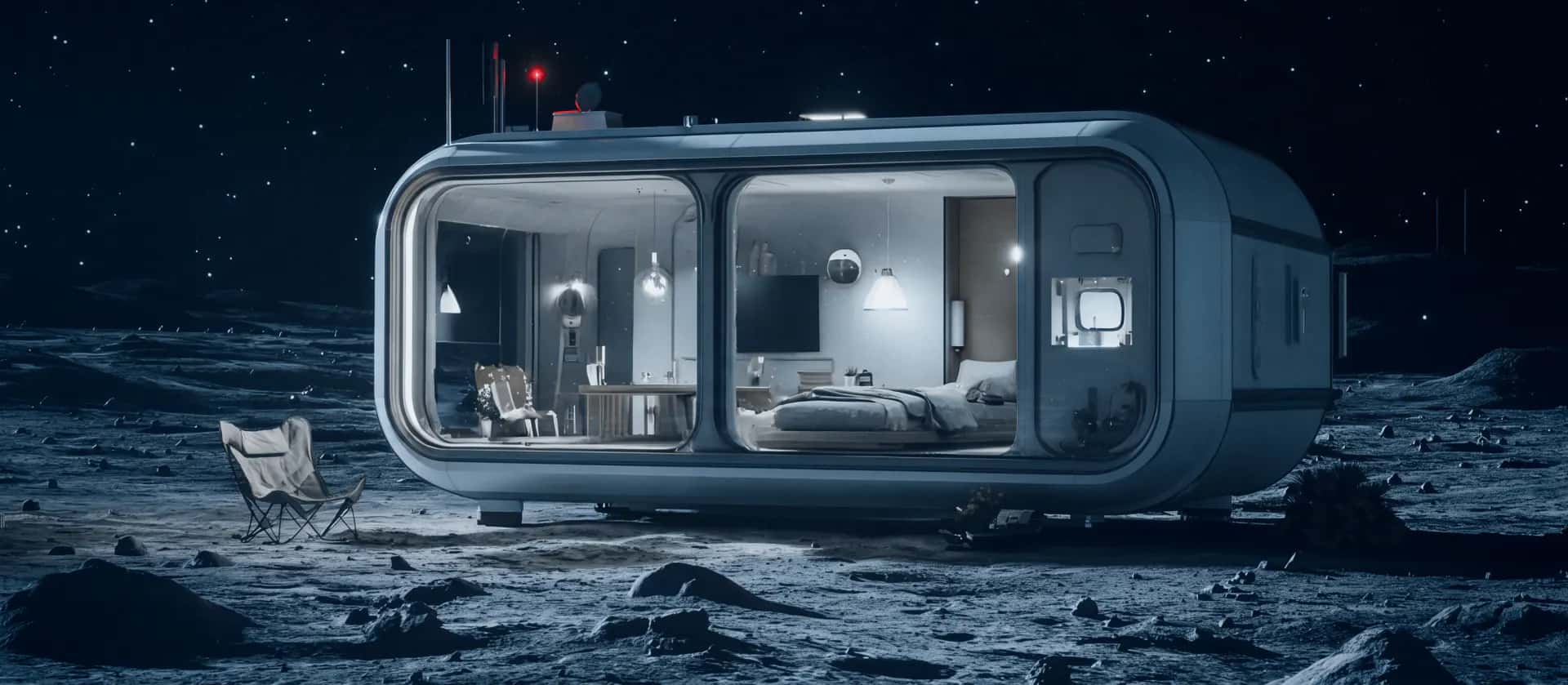 Illustrazione: una camera d’albergo illuminata dentro un modulo abitativo sulla Luna